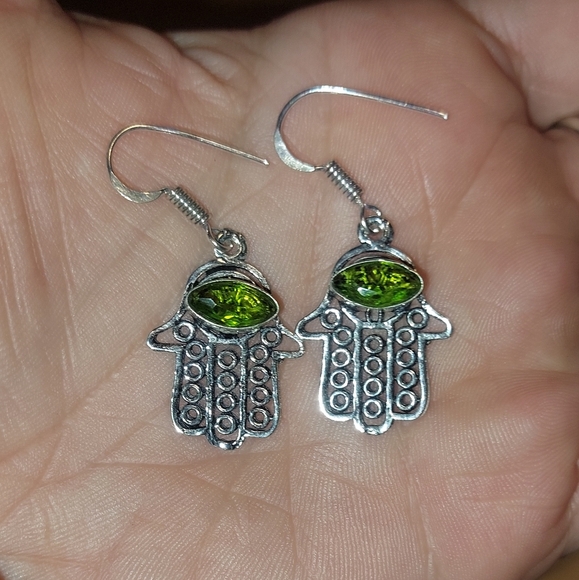 Green Peridot Hamsa Hand Drop Earrings π - Picture 4 of 5